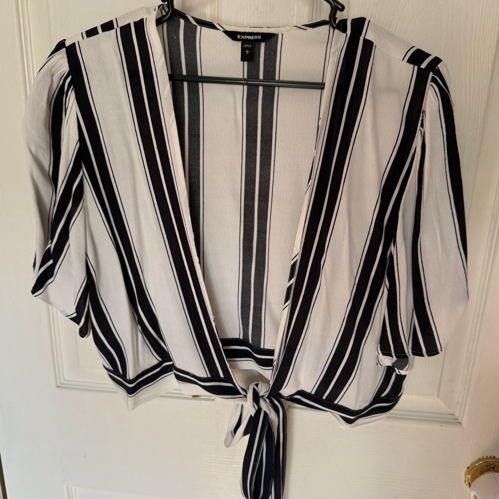 Express Women's Black and White Striped Crop Wrap Blouse